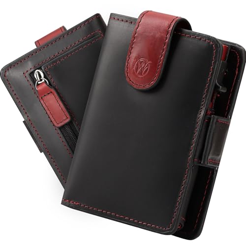 WillFire® MagFlap | Geldbörse Herren | Extra Schlüsselanhänger | Leder Kartenetui für 10-12 Karten | RFID geschützt | Einzigartiger Magnetverschluss | Inkl. Geschenkverpackung [Black/red Glattleder] von Will Fire