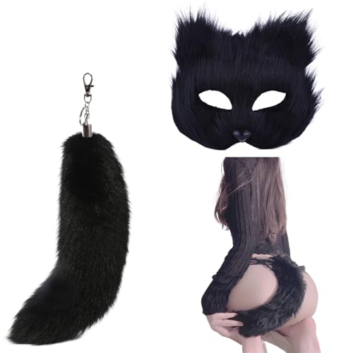 Will Like Terian tail therian mask katzenmaske fuchs maske furry mask furry tail Halbgesichts-Maskerade-Maske für Cosplay ausgefallene Party Schwarz (Maske undSchwanz) von Will Like