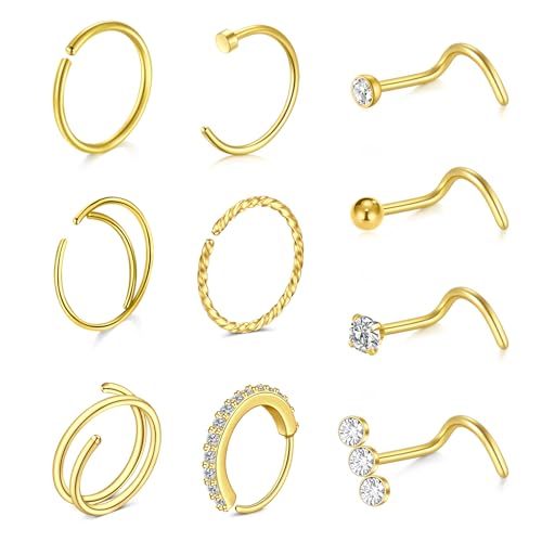 WillTen 10Pcs Nasenpiercing Ring Gold Korkenzieher Stecker, 20G Ring Dünn Korkenzieher Nasenstecker Schmuck Chirurgenstahl für Frauen von WillTen