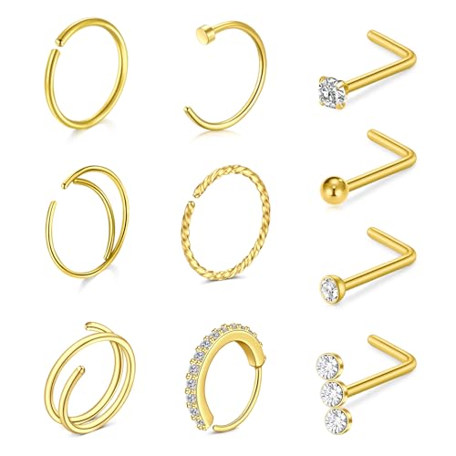 WillTen 10Pcs Nasenpiercing Ring Gold L Form Stecker, 20G Ring Dünn Korkenzieher Nasenstecker Schmuck Chirurgenstahl für Frauen von WillTen