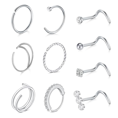 WillTen 10Pcs Nasenpiercing Ring Silber Korkenzieher Stecker, 20G Ring Dünn Korkenzieher Nasenstecker Schmuck Chirurgenstahl für Frauen von WillTen
