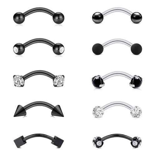 WillTen 10Pcs Rook Piercing Augenbrauenpiercing, 16G 8mm Chirurgenstahl Augenbrauen Piercing Vertical Labret Lippenpiercing Barbells Banane Industrial Bauchnabel für Damen Schwarz von WillTen