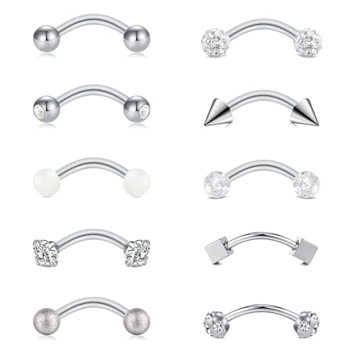WillTen 10Pcs Rook Piercing Augenbrauenpiercing, 16G 8mm Chirurgenstahl Augenbrauen Piercing Vertical Labret Lippenpiercing Barbells Banane Industrial Bauchnabel für Damen Silber von WillTen