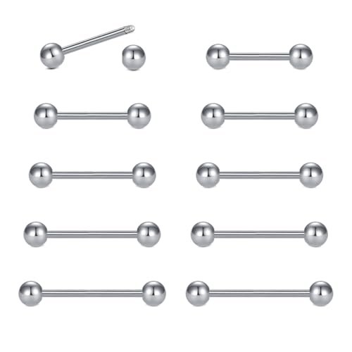 WillTen 14G Zunge und Nippel Bars - Chirurgenstahl Piercing Schmuck für Frauen, 10 Stück, Silber von WillTen