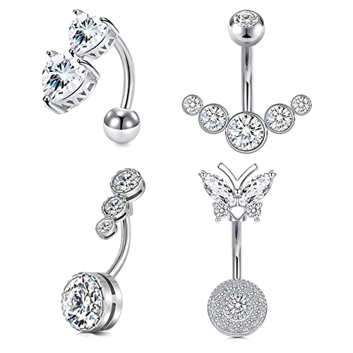 WillTen 14G 10mm Bauchnabelpiercing Silber Bananbell Schmetterling Chirurgenstahl Nabelpiercing Damen Diamant CZ Doppelt Herz Piercing Bauchnabel von WillTen