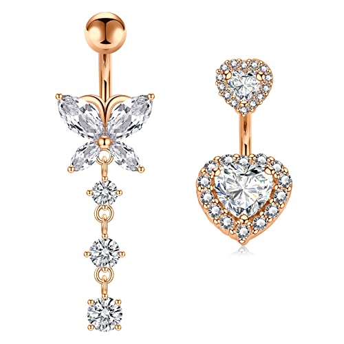 WillTen 14G Roségold Bauchnabelpiercing Schmetterling Anhänger Nabelpiercing Herz Diamant Klar CZ Chirurgenstahl 6MM Bauchpiercing Damen von WillTen