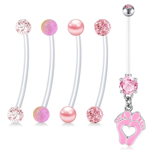 WillTen 14G Schwangerschaft Bauchnabel Stäbe Rosa, 5Pcs 35mm Mutterschaft Belly Bar Dangly Lang Belly Bar Kunststoff Bauch Bar Bälle, Bioflex Lang Schwangerschafts Piercing Bauch für Frauen von WillTen