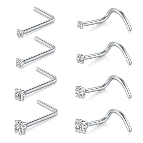 WillTen 18G Nasenpiercing Stecker L Shape Set, 7mm Nasenpiercing Chirurgenstahl mit Kubischem Zirkon, 8PSC Nasenstecker Piercing Set für Frauen Mädchen von WillTen