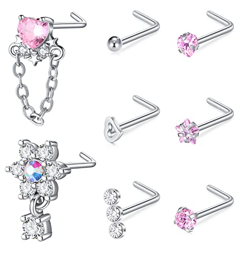 WillTen 20G Nasenpiercing Stecker Rosa Herz Diamant CZ Nasenpiercing Damen Schmetterling Nasenstecker Blume Spiral Chirurgenstahl Piercing Schmuck von WillTen