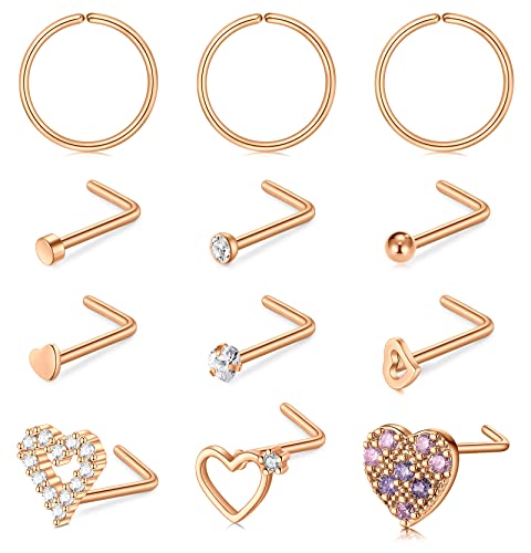 WillTen 20G Nasenpiercing Stecker Roségold Herz Diamant CZ Nasenring Piercing Damen Nasenring Nasenstecker Spiral Piercing Chirurgenstahl 12Stück von WillTen