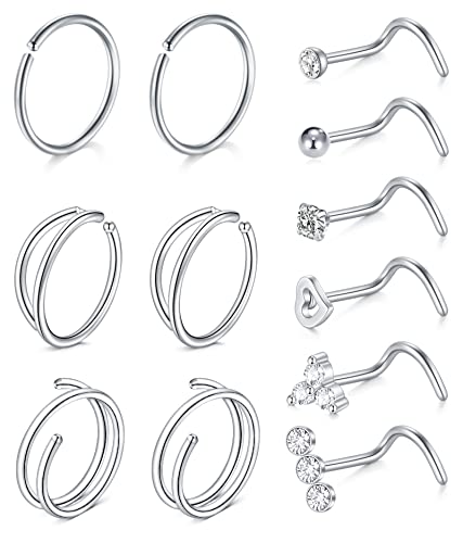 WillTen 20G Nasenstecker Screw Silber Diamant CZ Nasenring Hoop Damen Chirurgenstahl Nasenring Nostril Doppel Schmuck Piercing 12 Stück von WillTen