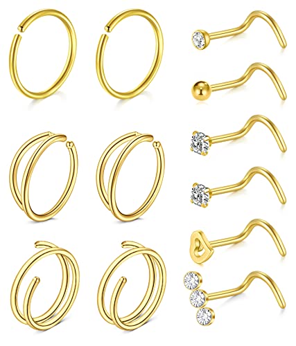 WillTen 20G Nasenstecker Spirale Gold Diamant CZ Nasenring Damen Chirurgenstahl Nasenring Nostril Double Schmuck Piercing 12Stück von WillTen