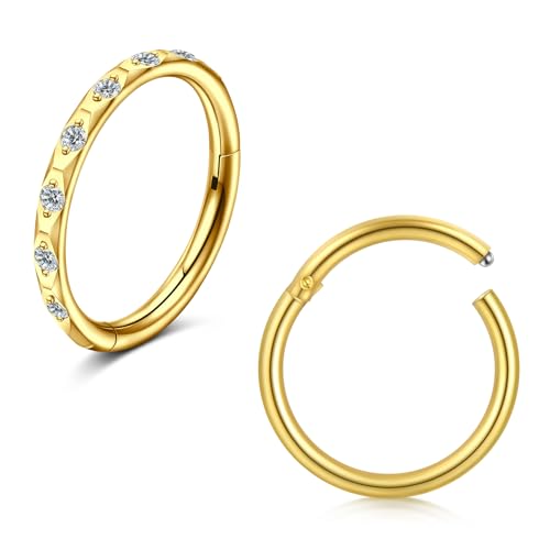 WillTen 2PCS Scharnier Nasenring Piercing, 16G 10mm Septum Piercing Gold Chirurgenstahl mit Diamant Scharnier Clicker Segment Nase Ringe Knorpel Helix Tragus Conch Rook Piercing Schmuck für Frauen von WillTen