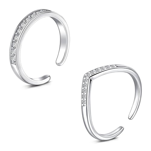 WillTen 2Pcs Silber Zehenring Edelstahl einstellbar Biegung offener Zehenring, Blume Pfeil Blatt CZ Zehe Finger Schwanz Ring Sommer Strand Fußschmuck Set für Frauen Männer von WillTen