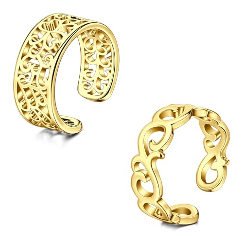 WillTen 2Pcs Toe Ring Gold Edelstahl einstellbar Bend Open Toe Ring, Blume Pfeil Blatt CZ Toe Finger Schwanz Ring Sommer Strand Fuß Schmuck Set für Frauen Männer von WillTen