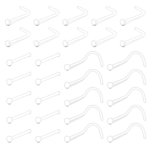 WillTen 30PCS 18G Plastik Nasenstecker Verstecken Piercing für Schule, 7mm Kunststoff Klar Nase Piercing Korkenzieher L Form, Clear Piercing Retainers Schmuck-Set für Frauen Männer von WillTen