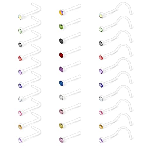 WillTen 30PCS 20G Plastik Nasenstecker Verstecken Piercing für Schule, 7mm Kunststoff Clear Nose Piercing Mix Farbe, Clear Piercing Retainers Schmuck-Set für Frauen Männer von WillTen