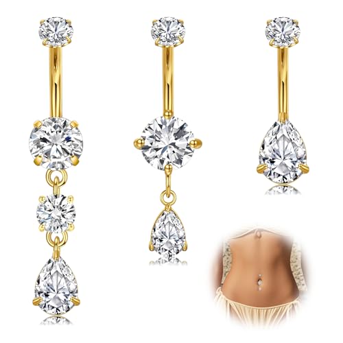 WillTen 3Pcs Bauchnabelpiercing Gold Chirurgenstahl, 14G 10mm Dangly Nabel Ringe Bauchnabel Piercing für Frauen, Klare CZ Teardrop Herz Baumelnden Bauch Knopf Schmuck von WillTen