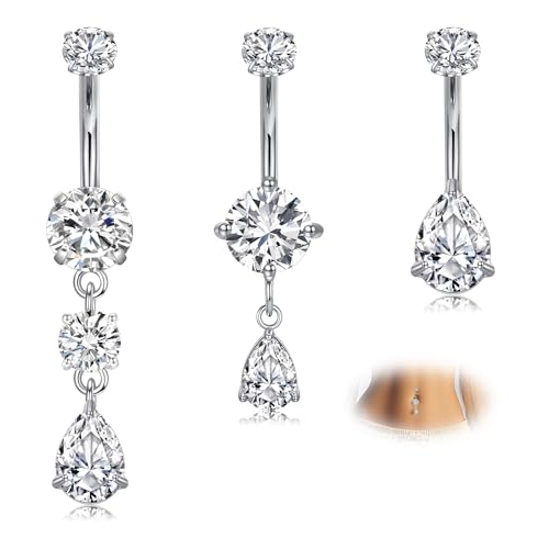 WillTen 3Pcs Bauchnabelpiercing Silber Chirurgenstahl, 14G 10mm Dangly Nabel Ringe Bauchnabel Piercing für Frauen, Klare CZ Teardrop Herz Baumelnden Bauch Knopf Schmuck von WillTen