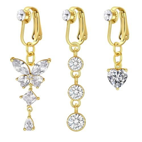 WillTen 3Pcs Fake Bauchnabelpiercing Gold, Chirurgenstahl Bauchnabelpiercing Clip Schmetterling Herz Dangly Fake Bauchnabel Piercing, Clip On Bauchnabelpiercing Fake Belly Piercing für Frauen von WillTen