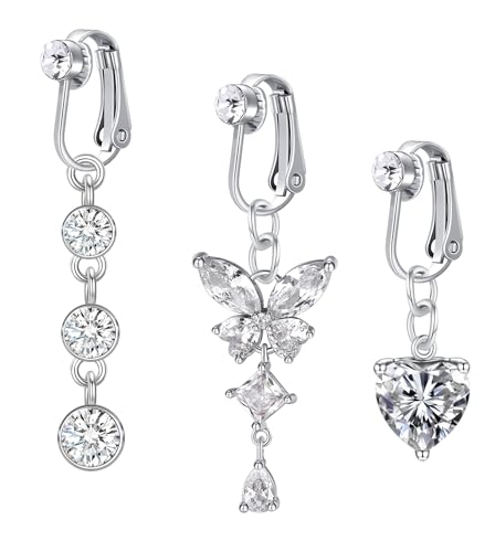 WillTen 3Pcs Fake Bauchnabelpiercing Silber, Chirurgenstahl Bauchnabelpiercing Clip Schmetterling Herz Dangly Bauchnabel Piercing, Clip On Bauchnabel piercing Fake Belly Piercing für Frauen von WillTen
