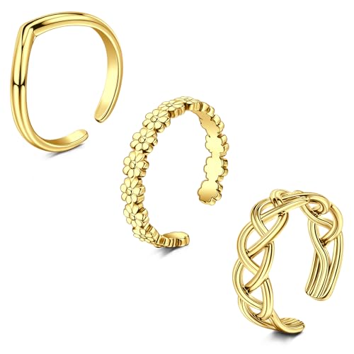 WillTen 3Pcs Gold Toe Ring Edelstahl einstellbar Bend Open Toe Ring, Plain Thin CZ Toe Finger Tail Ring Sommer Strand Fuß Schmuck Set für Frauen Männer von WillTen