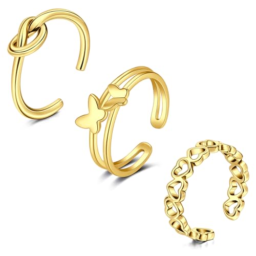 WillTen 3Pcs Gold Toe Ring Edelstahl einstellbar Bend Open Toe Ring, Plain Thin CZ Toe Finger Tail Ring Sommer Strand Fuß Schmuck Set für Frauen Männer von WillTen