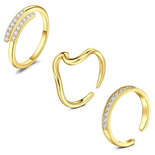 WillTen 3Pcs Gold Edelstahl Vintage Unisex Zehenring Set, Blume, CZ, Verdreht, Welle, Einfach, Pfeil & Blatt Design, Sommer Strand Fuß Schmuck für Frauen & Männer von WillTen