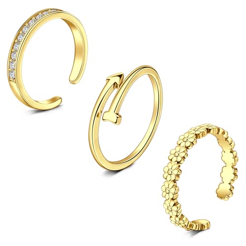 WillTen 3Pcs Gold Toe Ring Edelstahl einstellbar Bend Open Toe Ring, Plain Thin CZ Toe Finger Tail Ring Sommer Strand Fuß Schmuck Set für Frauen Männer von WillTen