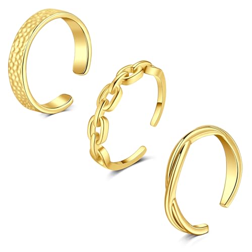 WillTen 3Pcs Gold Toe Ring Edelstahl einstellbar Bend Open Toe Ring, Plain Thin CZ Toe Finger Tail Ring Sommer Strand Fuß Schmuck Set für Frauen Männer von WillTen