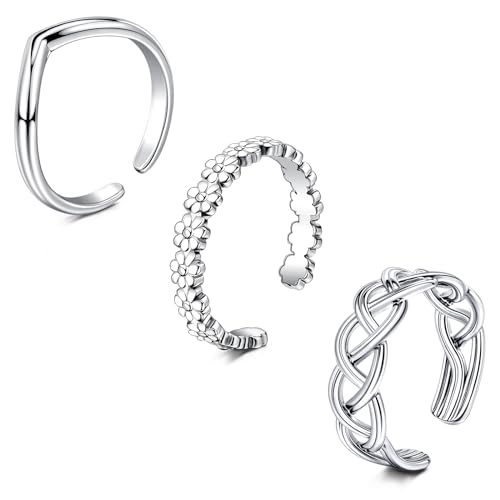 WillTen 3Pcs Silber Zehenring Edelstahl einstellbar Biegung offener Zehenring, Blume Pfeil Blatt CZ Zehe Finger Schwanz Ring Sommer Strand Fußschmuck Set für Frauen Männer von WillTen