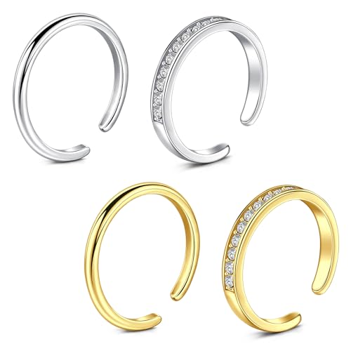 WillTen 4Pcs Gemischte Farbe Zehenring Edelstahl einstellbar Biegung offener Zehenring, Blume Pfeil Blatt CZ Zehenschwanz Ring Sommer Strand Fuß Schmuck Set für Frauen Männer von WillTen