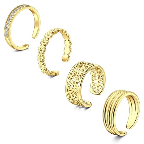 WillTen 4Pcs Gold Edelstahl Zehenring Set, Blume Pfeil Blatt CZ Toe Ring, Unisex Sommer Strand Fuß Schmuck von WillTen