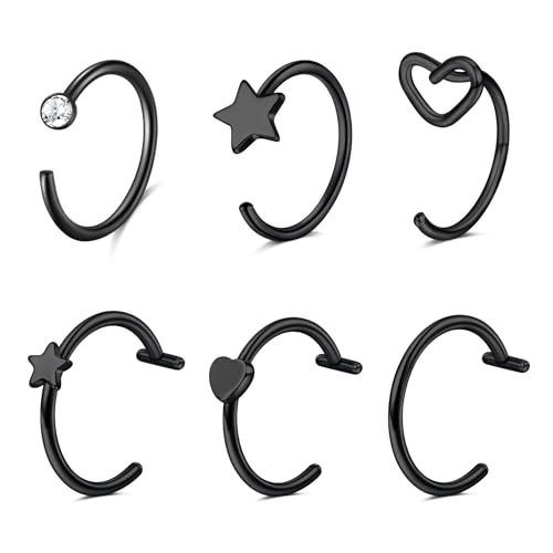 WillTen 6Pcs Schwarze Nasenringe Fake Nose Ring Hoop, 18G 20G Edelstahl C-Form dünner Nasenpiercingschmuck mit Stern & Herz, Clip-on Faux Piercing für Nase Septum Lippe 8mm/10mm Damen von WillTen