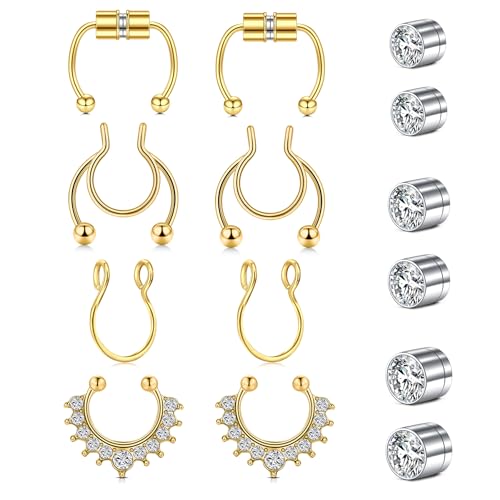 WillTen 8 Stück Fake Septum Nasenring zum Aufstecken, ohne Nasenpiercing mit 6 Stück Fake-Nasensteckern goldene Fake Lippen Ohr Septum Ringe Creolen Ohrstecker ohne Piercing für Frauen von WillTen