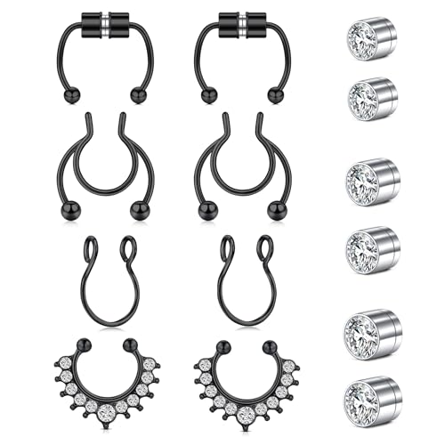 WillTen 8 Stück Fake Septum Nasenring zum Aufstecken, ohne Nasenpiercing mit 6 Stück Fake Nasensteckern schwarze Kunstleder Lippen Ohr Septum Ringe Creolen Ohrstecker ohne Piercing für Frauen von WillTen