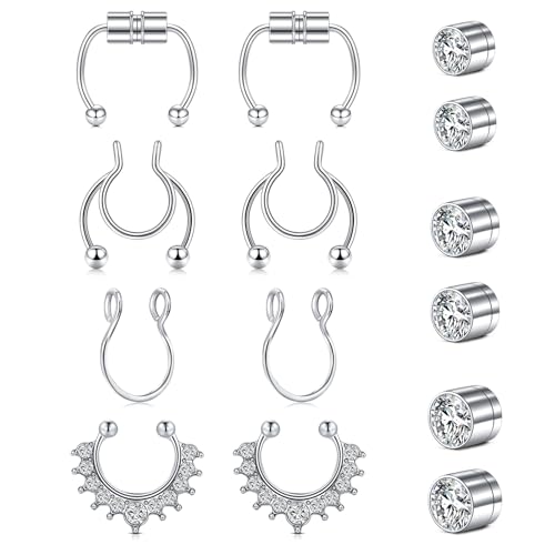 WillTen 8 Stück Fake Septum Nasenring zum Aufstecken, ohne Nasenpiercing mit 6 Stück Fake Nasensteckern silberne Fake Lippen Ohr Septum Ringe Creolen Ohrstecker ohne Piercing für Frauen von WillTen