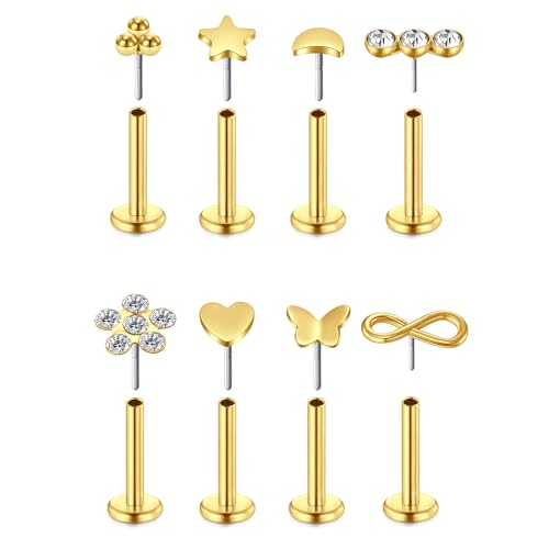 WillTen 8er Set Tragus Piercing Gold, 16G 6mm Tragus Piercing Chirurgenstahl mit Cubic Zirkonia, Ohrschmuck für Frauen & Mädchen von WillTen