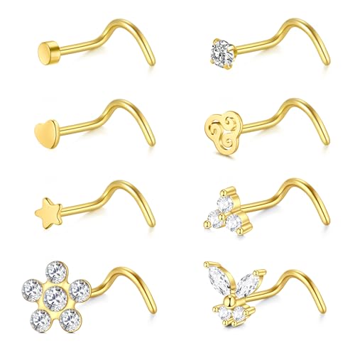 WillTen 8Pcs Nasenpiercing Piercing Set, 18G Chirurgenstahl Nasenpiercing Stecker Gold, Nasenstecker Nostril Nose Piercing Set Selber Stechen Labret Lippen Nase Piercing Schmuck für Frauen Männer von WillTen