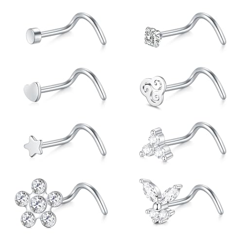 WillTen 8Pcs Nasenpiercing Piercing Set, 18G Chirurgenstahl Nasenpiercing Stecker Silber, Nasenstecker Nostril Nose Piercing Set Selber Stechen Labret Lippen Nase Piercing Schmuck für Frauen Männer von WillTen