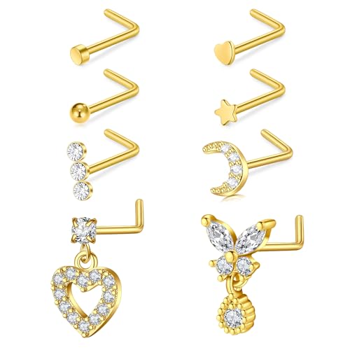 WillTen 8Pcs Nasenpiercing Stecker L Form, 18G Nasenpiercing Chirurgenstahl Gold, Nasenstecker Nostril Piercing Set Selber Stechen Labret Lippen Nase Piercing Schmuck für Frauen Männer von WillTen