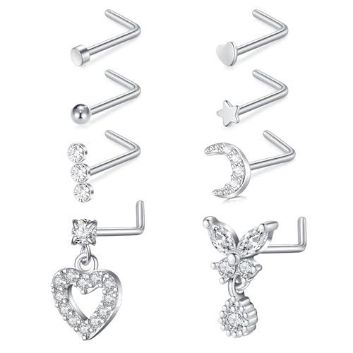 WillTen 8Pcs Nasenpiercing Stecker L Form, 20G Nasenpiercing Chirurgenstahl Silber, Nasenstecker Nostril Piercing Set Selber Stechen Labret Lippen Nase Piercing Schmuck für Frauen Männer von WillTen