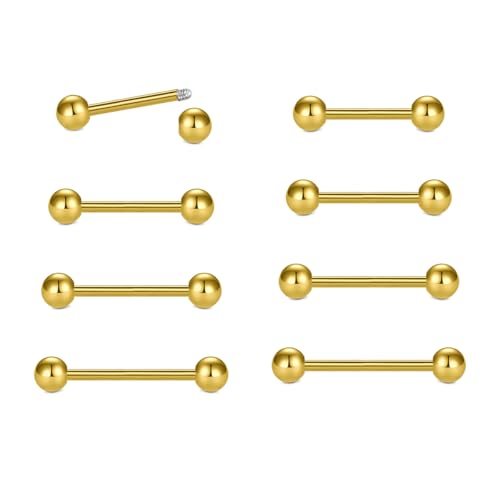 WillTen 8Pcs Zunge Bars Nippel Bars Zunge Bar Piercing, 14G Zunge Bars Metall Nippel Bars Chirurgenstahl, Nippel Piercing Schmuck Zunge Piercing-Schmuck für Frauen, Gold Nipple Bar von WillTen