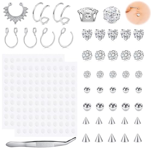 WillTen Fake Augenbrauenring Fake Lip Labret Studs Ersatz Kugeln Spike mit 200pcs Aufkleber Non-Piercing Körperschmuck Fake Skin Piercing von WillTen