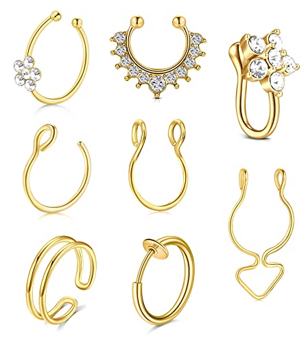 WillTen Fake Nasenring Gold Nasenpiercing Ring für Damen Chirurgenstahl Ohrklemme Septum Ring Nostril Faux Nase Piercing Schmuck 8 Stück von WillTen