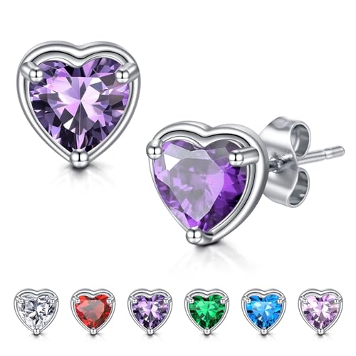 WillTen Herz Ohrringe Amethyst Silber Ohrstecker Ohrringe für Frauen, 925 Sterling Silber kubischer Zirkonia Geburtsstein Ohrringe Schmuck für Mädchen Frauen von WillTen