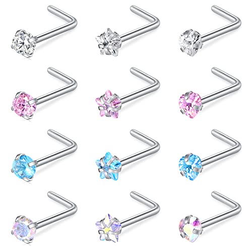 WillTen Nasenstecker L-Form Damen Nasenpiercing Stecker Diamant CZ Silber Chirurgenstahl Herz Stern Schmuck Piercing 12 Stück 20G von WillTen