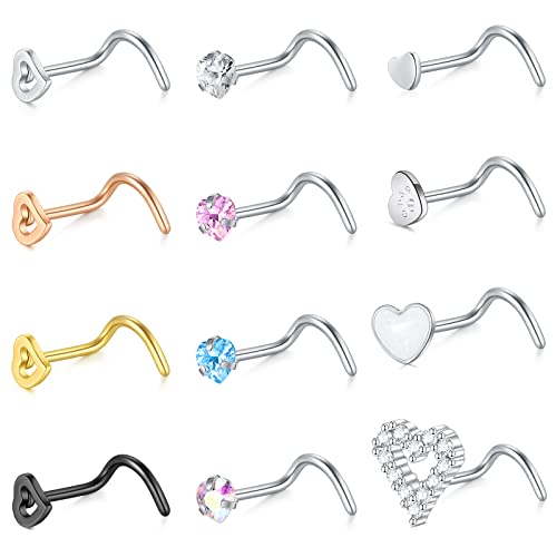 WillTen Nasenstecker Spirale Nasenpiercing Screw Damen Chirurgenstahl Nase Herz Stern Diamant CZ Schmuck Piercing 12 Stück 20G von WillTen