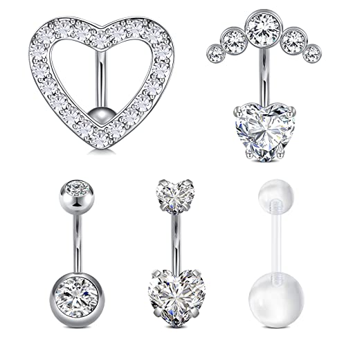 WillTen Silber Reverse Bauchnabelpiercing Damen 10MM Nabelpiercing Chirurgenstahl 14G Bauchpiercing Bananabells Herz Diamant Piercing Bauchnabel von WillTen