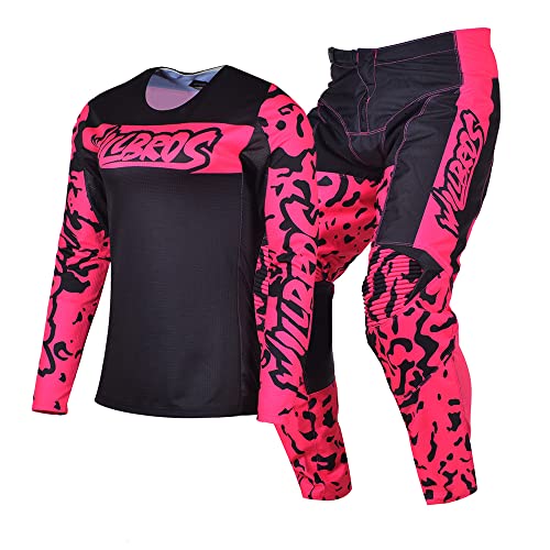 Willbros Damen Motocross Jersey Hose Kombination MX Dreckiges Fahrrad Offroad BMX ATV Radfahren Reiten Schwarz Rosa (Jersey M/Hose 32) von Willbros